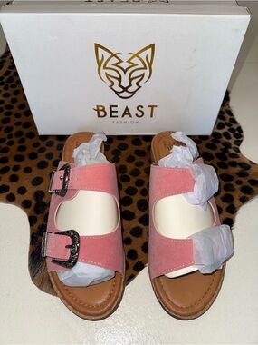 BEAST FASHION Pink Suede Double Buckle Slide Sandals